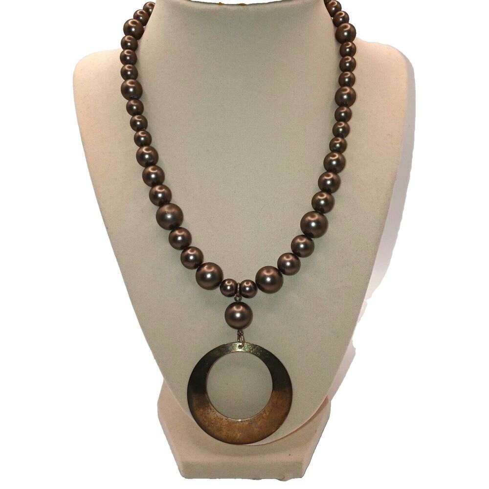 Emily Ray Bronze Tone Beaded Pendant Necklace Antique Gold Tone Signed 17 inches